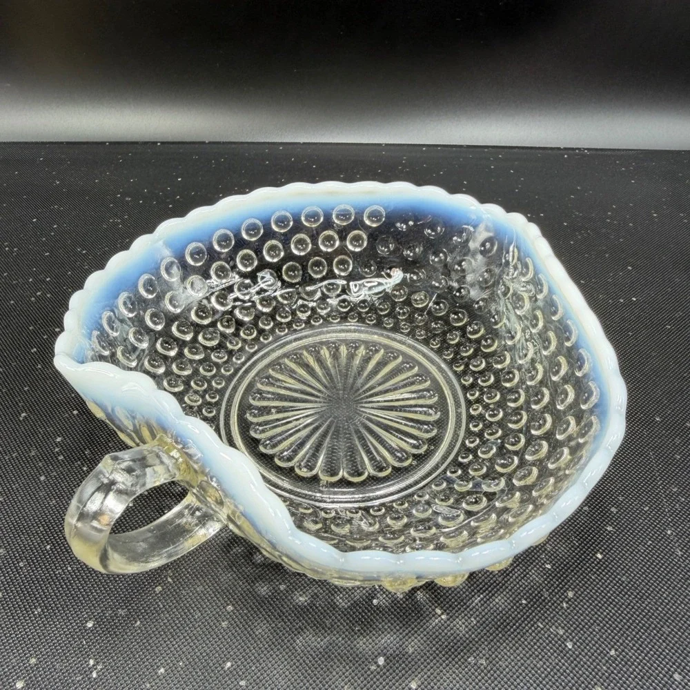 Anchor Hocking Moonstone Hobnail Opalescent Glass Bowl Ruffled Edge W‎ Handle